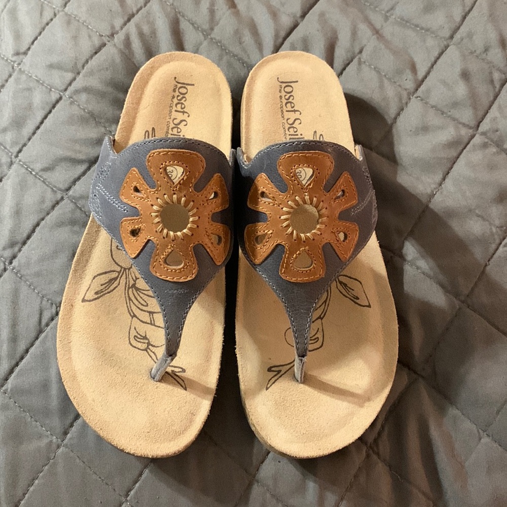 Josef Seibel Blue and Brown Floral-Accent Thong Sandals
